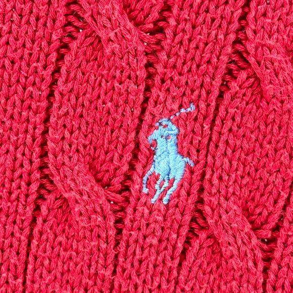 Vintage 90s Ralph Lauren Red Cotton Cable Knit Crewneck Sweater - Picture 2 of 6